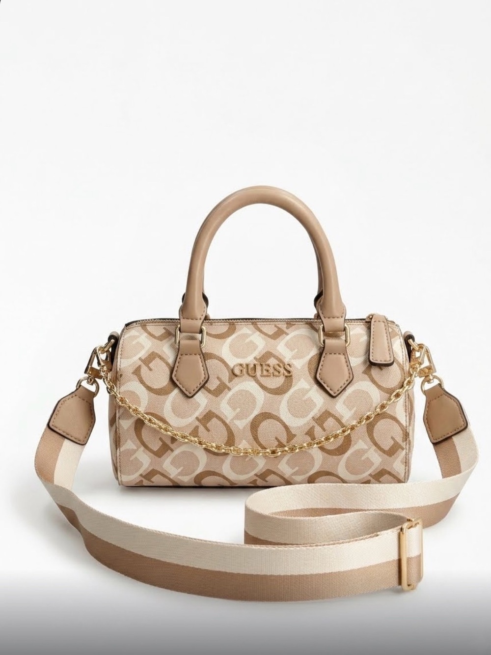 GUESS Tan Beige Logo Barrel Satchel with Gold Chain